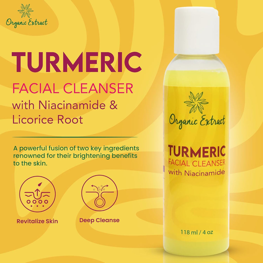 Nettoyant visage au curcuma - 4 fl oz / 118 ml - Nettoyant doux pour le visage pour peaux ternes et sujettes à l'acné - Nettoyant exfoliant quotidien pour le visage contre les taches de vieillesse, les dommages causés par le soleil - avec Niacinamide
