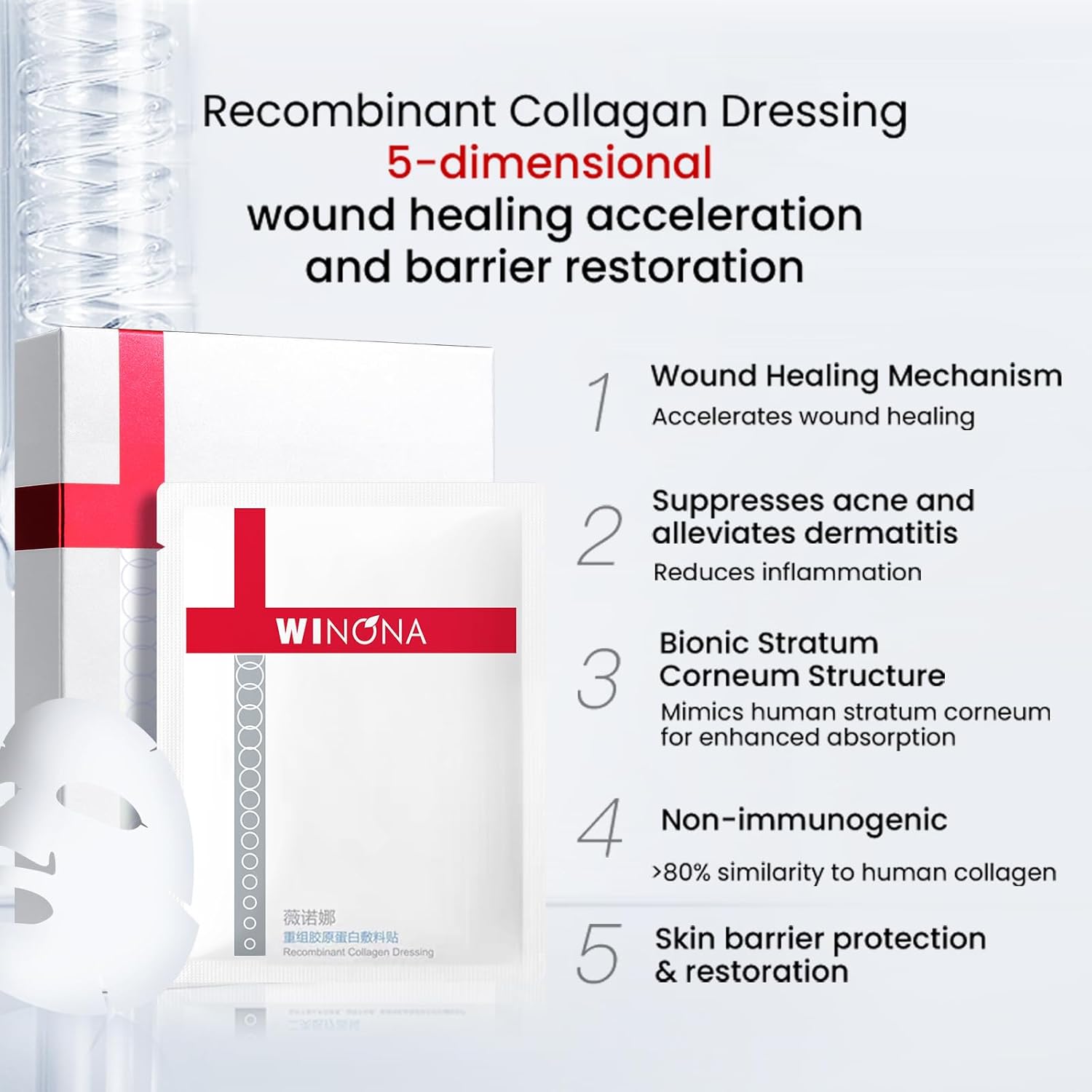 WINONA Collagen Sheet Mask 6pcs, Recombinant Collagen Dressing, Hydrating Face Mask for Sensitive Skin, Soothes and Skin Barrier Repair, Suppresses Acne, Repair Dressing for Post-Procedure Skin
