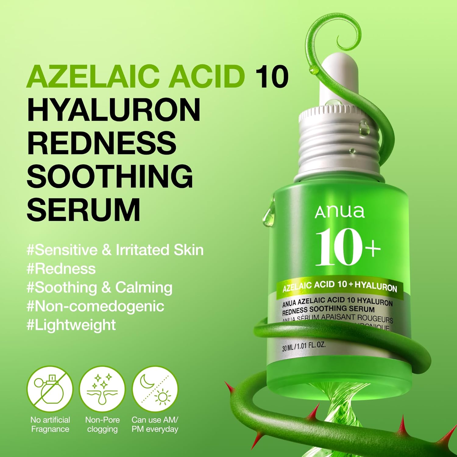 Sérum Apaisant Anua à l'Acide Azélaïque 10 et à l'Acide Hyaluronique, Sérum Visage pour Peaux Sensibles et à Imperfections, Soin Anti-Imperfections Léger et Hydratant, Acide Hyaluronique, Soin Coréen, 30 ml.