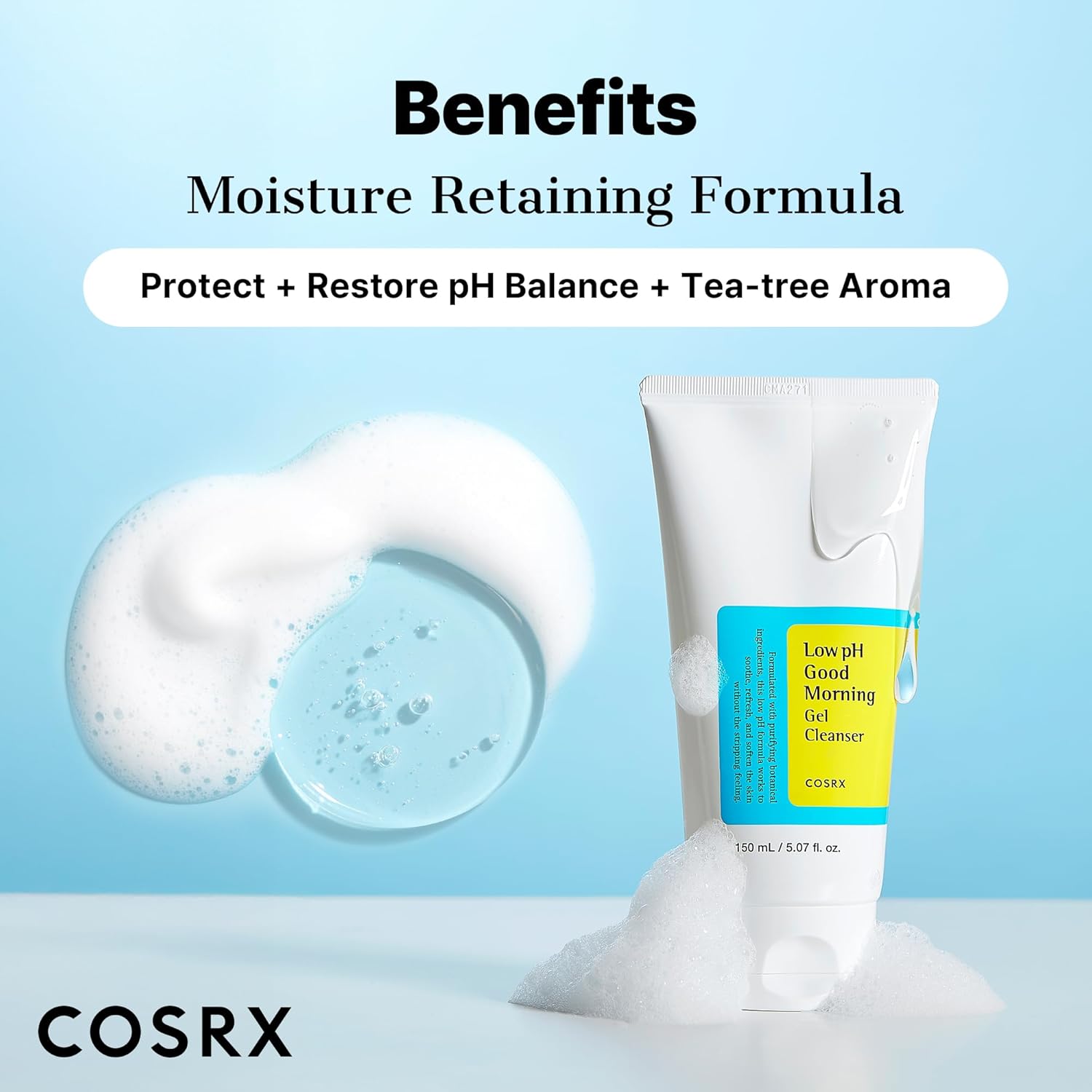 COSRX Nettoyant Gel Matin Doux pH Faible 150ml, Nettoyant Visage Doux Quotidien pour Peaux Sensibles avec BHA & Huile d'Arbre à Thé, Équilibre le pH, Sans Parabènes, Sans Sulfates, Soin Coréen
