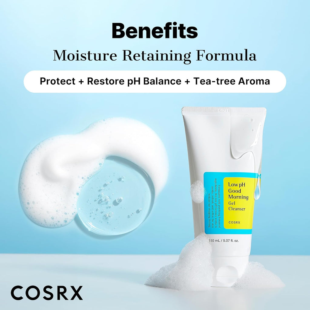 COSRX Nettoyant Gel Matin Doux pH Faible 150ml, Nettoyant Visage Doux Quotidien pour Peaux Sensibles avec BHA & Huile d'Arbre à Thé, Équilibre le pH, Sans Parabènes, Sans Sulfates, Soin Coréen