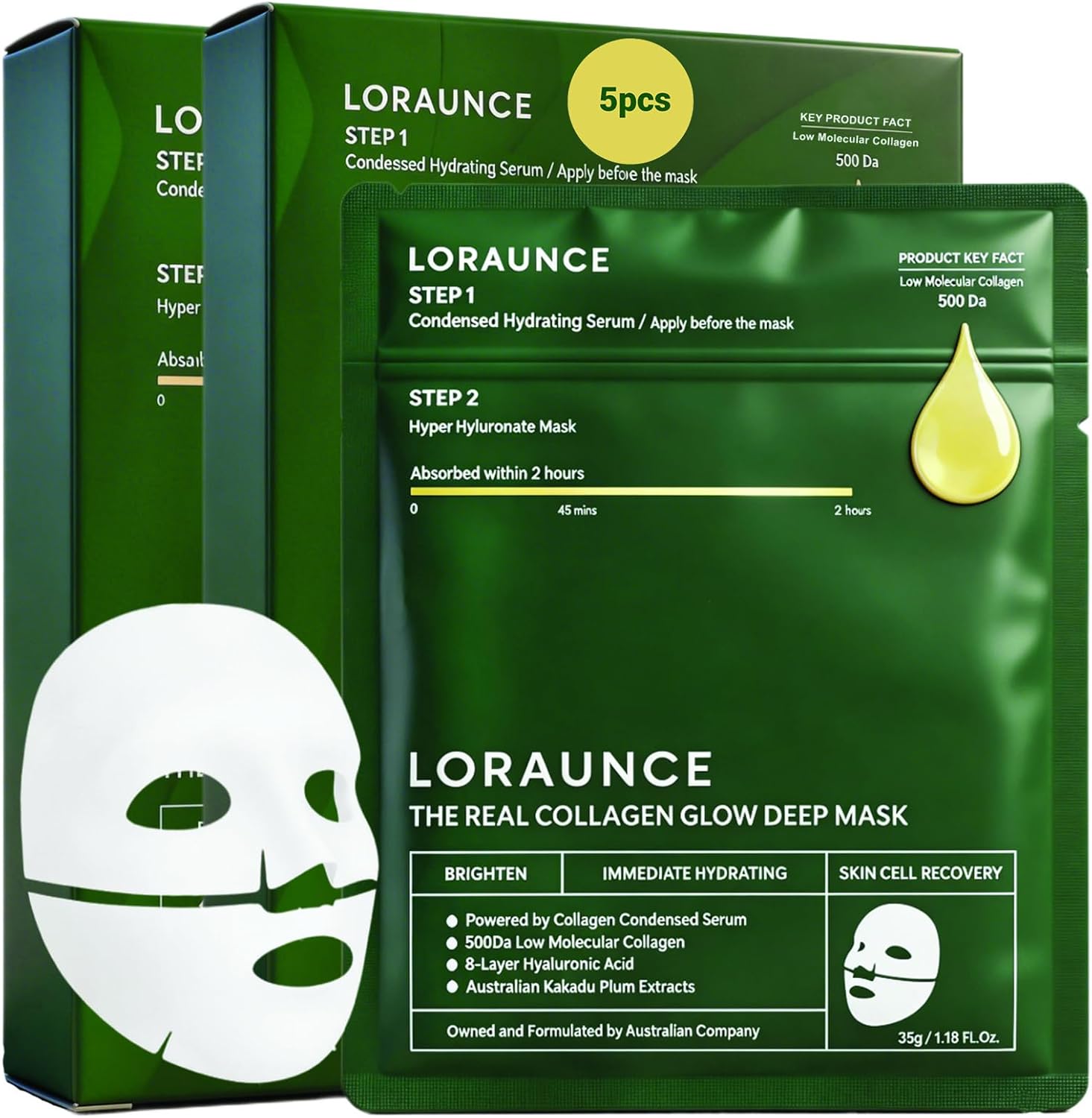 Masque visage Bio-Collagène – Masque en tissu hydratant pour une peau éclatante et lisse, minimisant les pores et améliorant l'élasticité – Masque de nuit enveloppant au collagène, Biotechnologie avancée pour les peaux sensibles