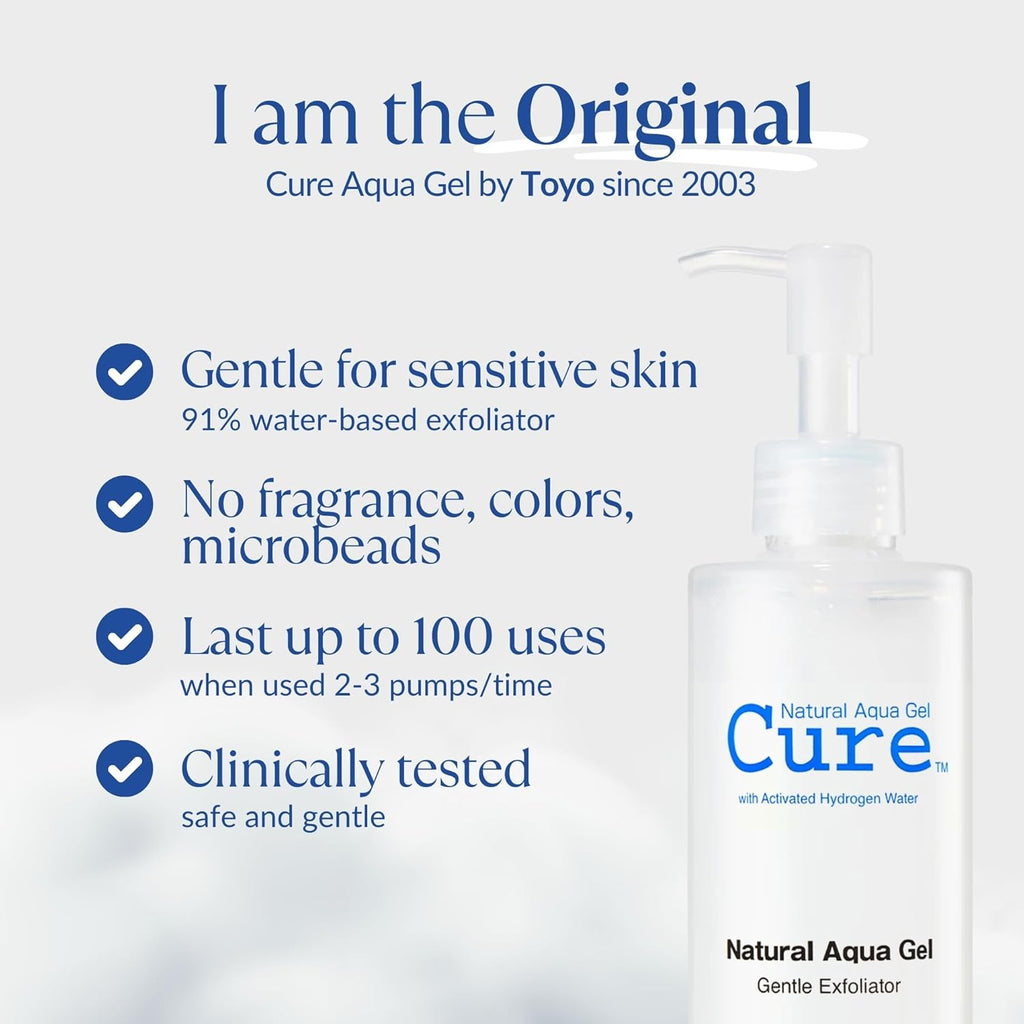 Cure by Toyo | Aqua Gel Exfoliant Doux | Peau Claire et Plus Douce | Nettoyant Visage et Corps Non Abrasif | Peau Sensible | Grande Taille 250g