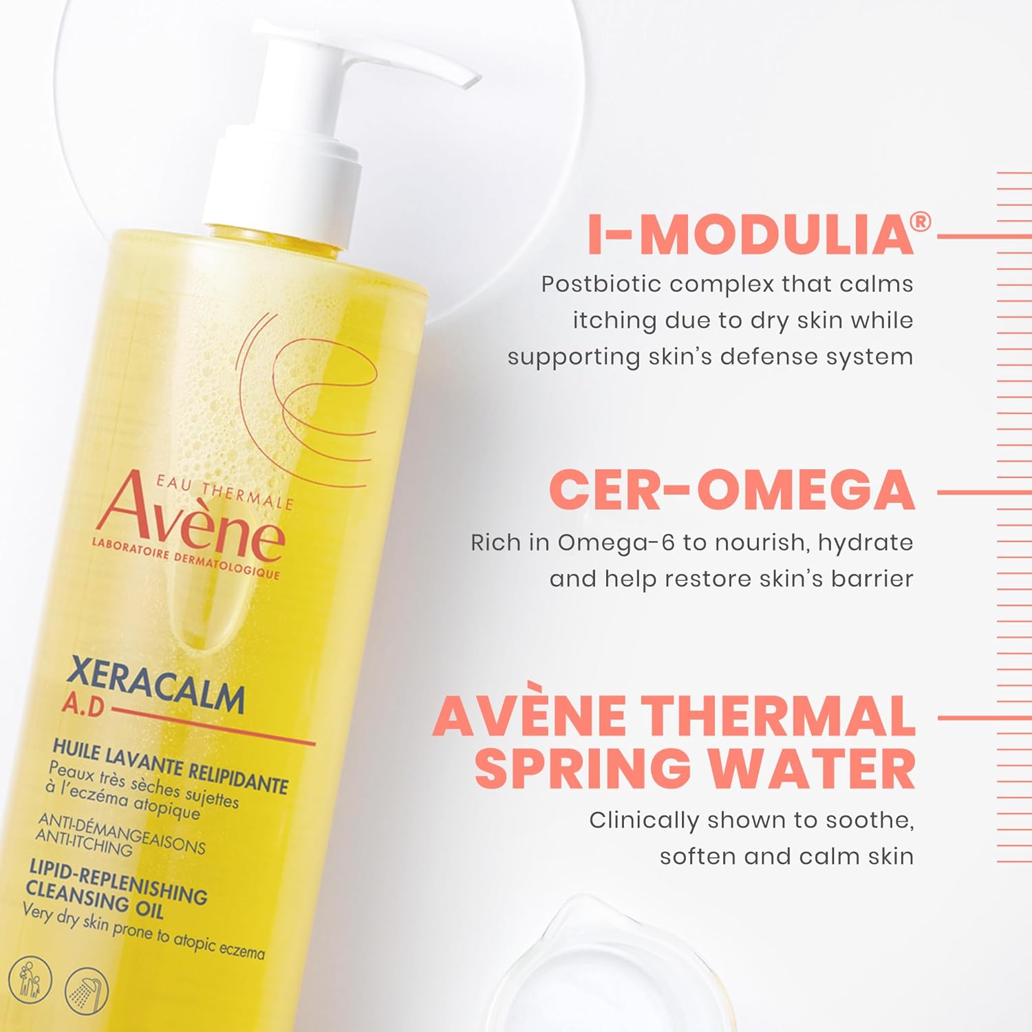 Avene Xeracalm A.D Lipid-Replenishing Cleansing Oil 400ML - Gentle Soap-Free Cleanser, Provides 24h hydration*, Suitable for, babies, children and adults