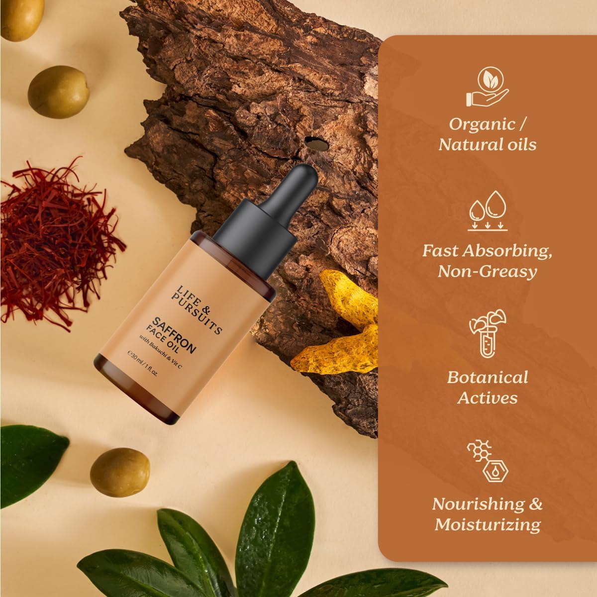 Life & Pursuits Huile Visage au Safran 30 ml avec Bakuchi/Bakuchiol (rétinol végétal), Vitamine C pour un teint éclatant, les taches brunes, les ridules et les rides. Huile de massage visage quotidienne légère | Anti-âge