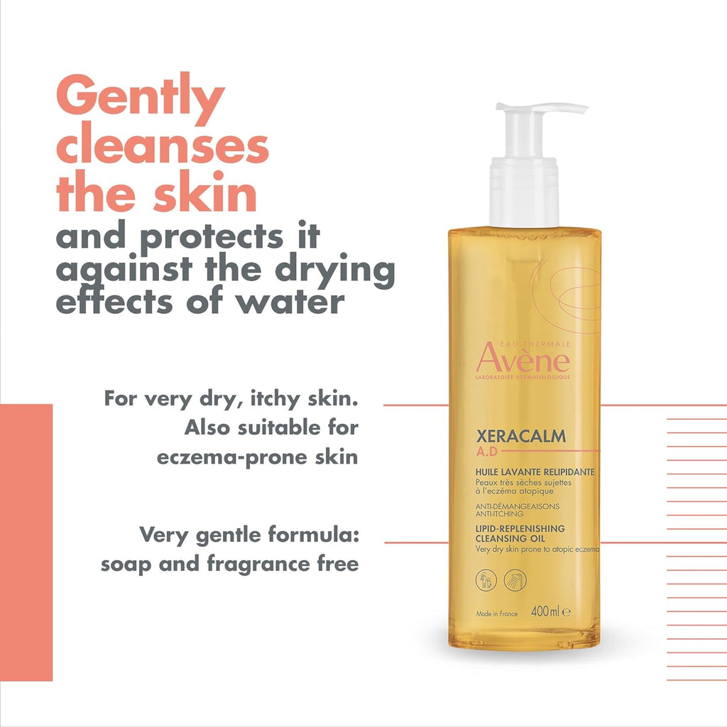 Avene Xeracalm A.D Lipid-Replenishing Cleansing Oil 400ML - Gentle Soap-Free Cleanser, Provides 24h hydration*, Suitable for, babies, children and adults
