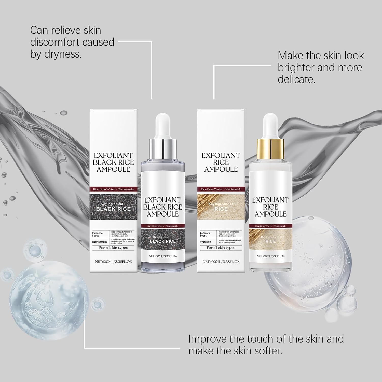 Ampoule exfoliante douce au riz pour le visage et le corps (2 pièces) - Exfoliant au riz noir et blanc, affine et lisse le grain de peau, hydratation profonde, convient à tous les types de peau