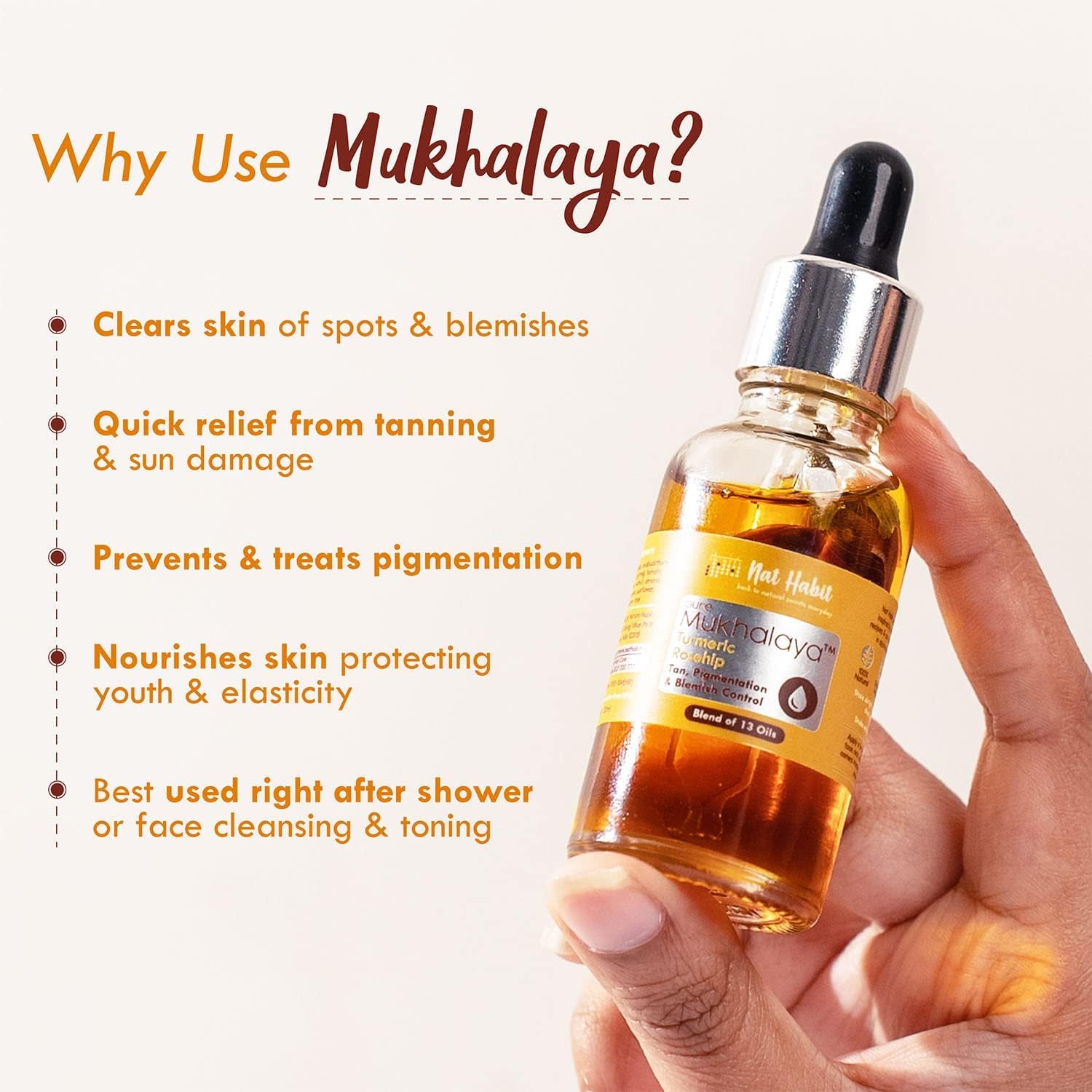 Nat Habit Huile Visage Curcuma Rose Musquée Mukhalaya Pour Bronzage, Pigmentation & Contrôle des Imperfections, avec Mélange de 13 Huiles Pressées à Froid, Pour Soins Naturels du Visage, Sans Huile Minérale ni Produit Chimique (30ml)