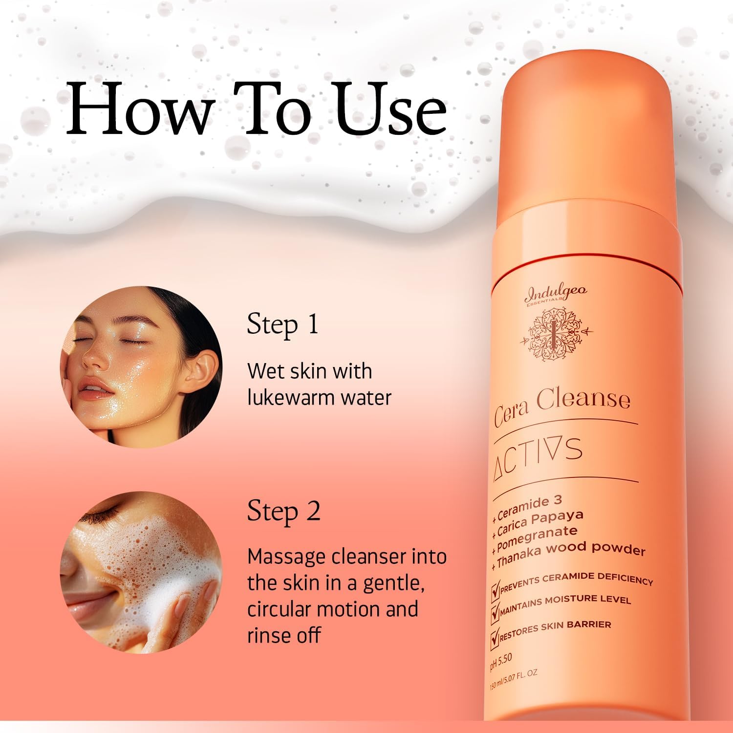 Indulgeo Essentials CERA CLEANSE - Ceramide Foaming Face Wash, 150ml - For All Skin Types | 100% Organic, Hand Made Ceramide Face Wash