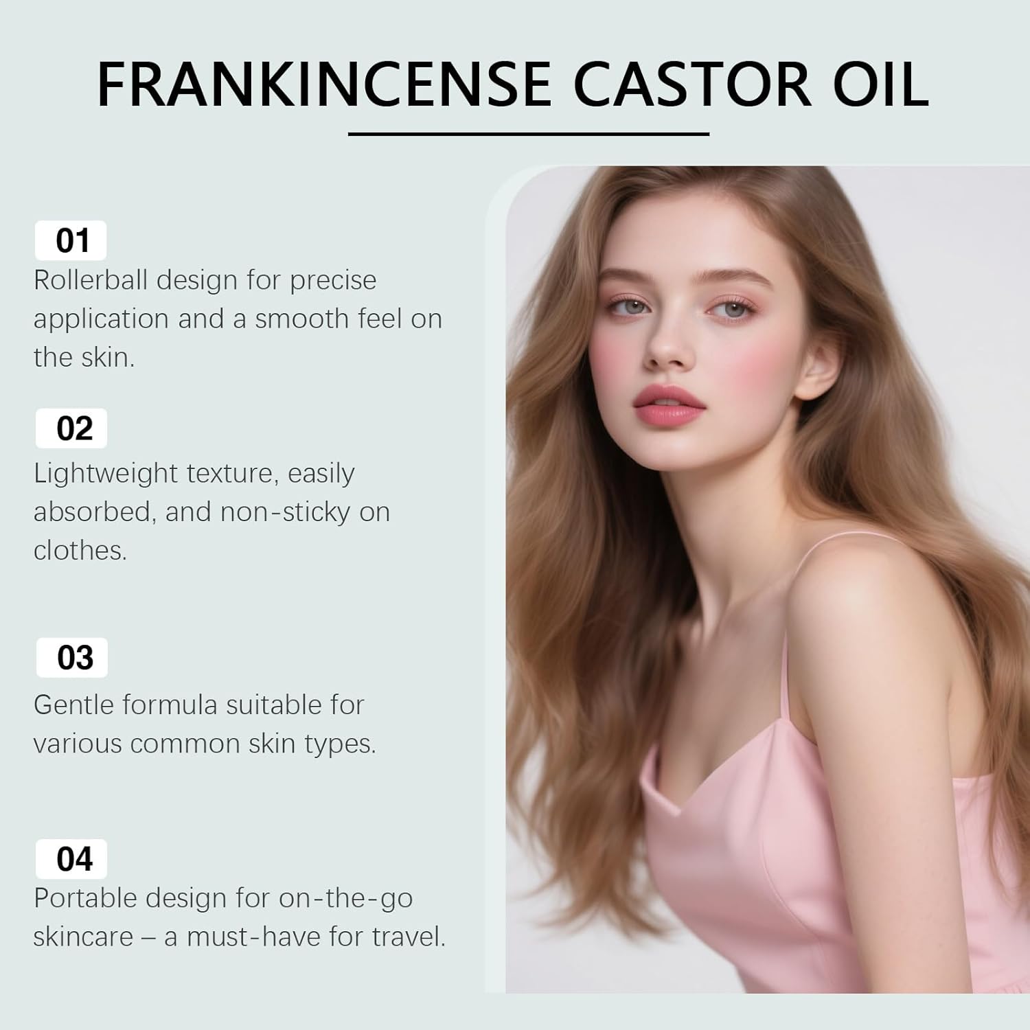 Frankincense and Castor Oil Roller with Rose Quartz – Soothing Firming Facial Oil for Face and Neck – Daily Self-Care Ritual for Soft, Smooth, and Refreshed Skin (1PCS)