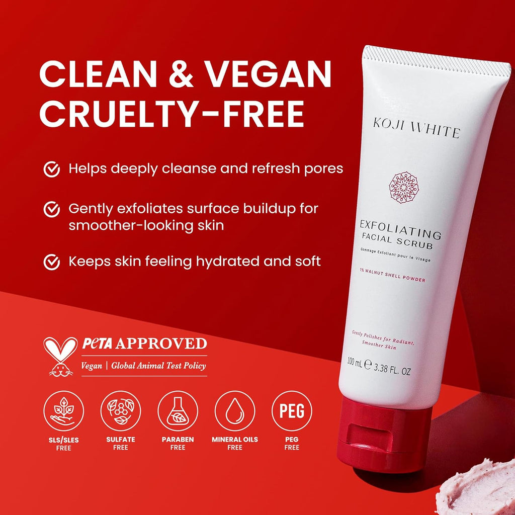 Gommage exfoliant Koji White pour le visage, nettoyant doux pour le visage avec 1% de poudre de noix, AHA, dipalmitate d'acide kojique et acide hyaluronique | Hydratant, sans parfum, végétalien, 100 ml (3,38 fl oz)