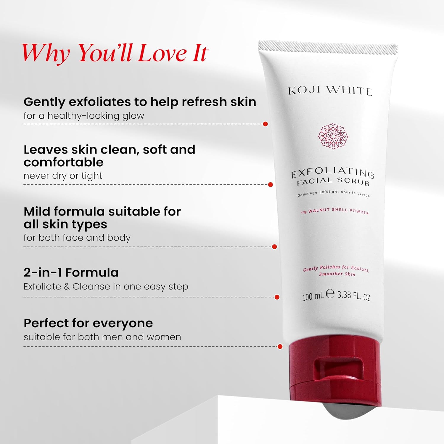 Gommage exfoliant Koji White pour le visage, nettoyant doux pour le visage avec 1% de poudre de noix, AHA, dipalmitate d'acide kojique et acide hyaluronique | Hydratant, sans parfum, végétalien, 100 ml (3,38 fl oz)