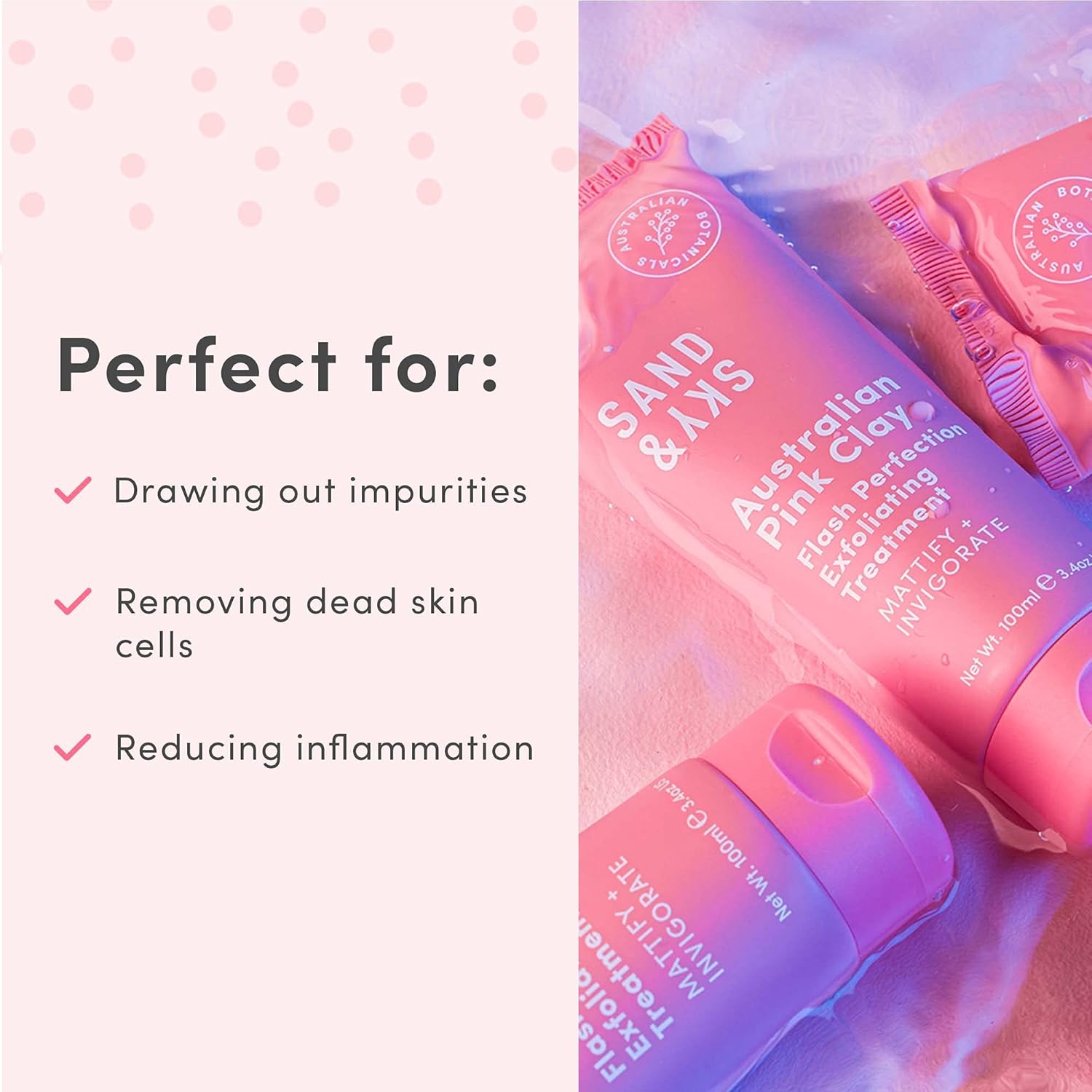 Sand & Sky Gommage exfoliant visage à l'argile rose australienne avec AHA et poudre de perles - Exfoliant doux physique et chimique pour une peau lisse, réduit la texture de la peau