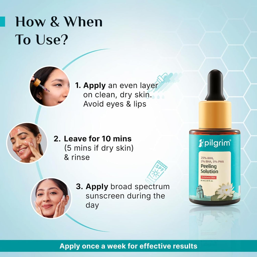 Pilgrim 25% AHA + 2% BHA + 5% PHA Peeling Solution 30ml For Face & Body |10-Minute Facial At Home|Gentle Exfoliating Serum for Tan Removal |For Glowing Skin, Even Skin Tone, Pore Cleansing |Men, Women