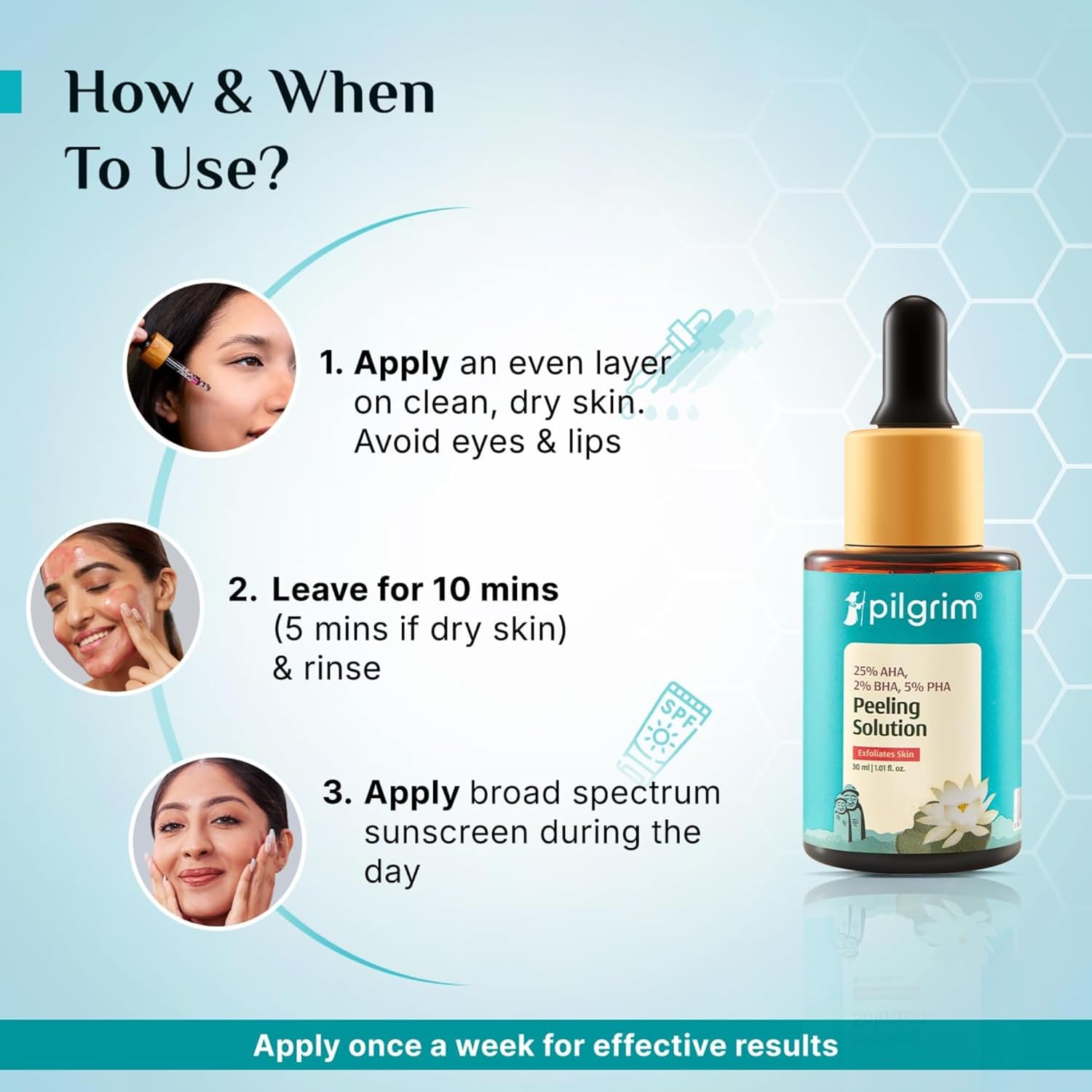 Pilgrim 25% AHA + 2% BHA + 5% PHA Peeling Solution 30ml For Face & Body |10-Minute Facial At Home|Gentle Exfoliating Serum for Tan Removal |For Glowing Skin, Even Skin Tone, Pore Cleansing |Men, Women