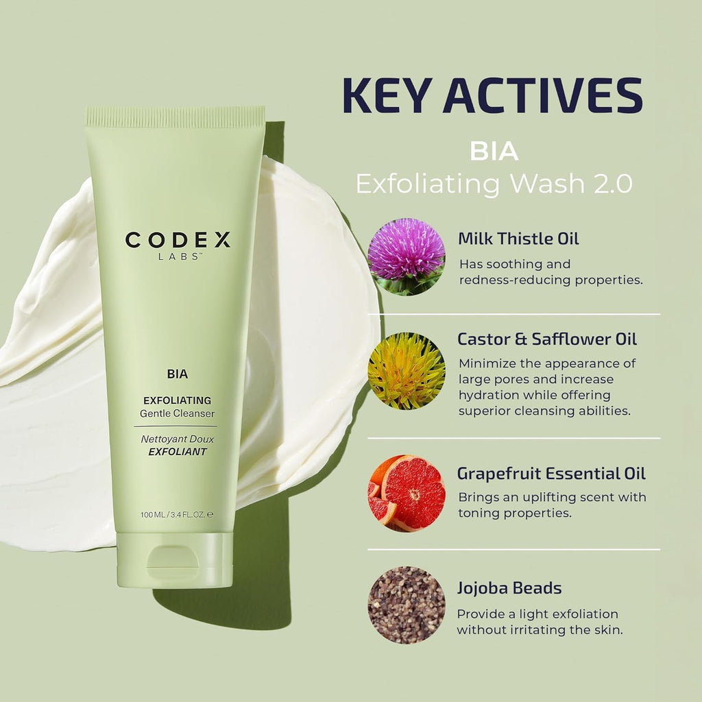 Nettoyant exfoliant visage Bia Codex Labs 2.0 - Nettoyant doux pour le visage pour femmes, peaux sèches et sensibles - Nettoyant visage vegan au jojoba et au chardon-marie, tous types de peau, soin sans cruauté animale (100ml)