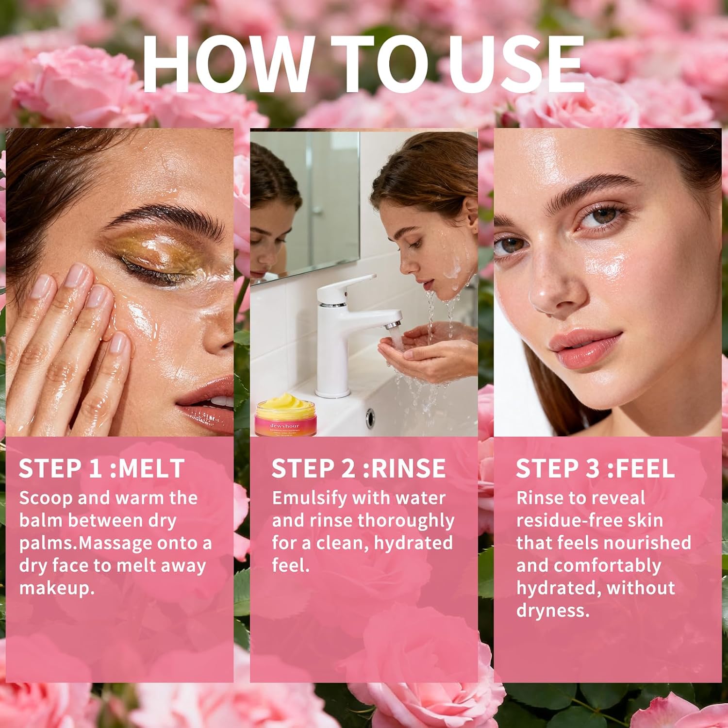 dewyhour Rose Serum Collagen Cleansing Balm - Gentle Melting Makeup Remover & Pore Cleanser, Hydrating Face Cleanser for All Skin Types | Vegan Korean Skincare 2.46oz