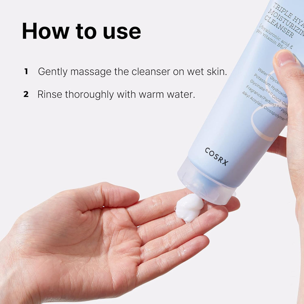 Cosrx Hydrium Triple Hyaluronic Moisturizing Cleanser, Nettoyant visage moussant crémeux, Élimine les impuretés et les résidus de maquillage, Retient l'humidité, 1 unité