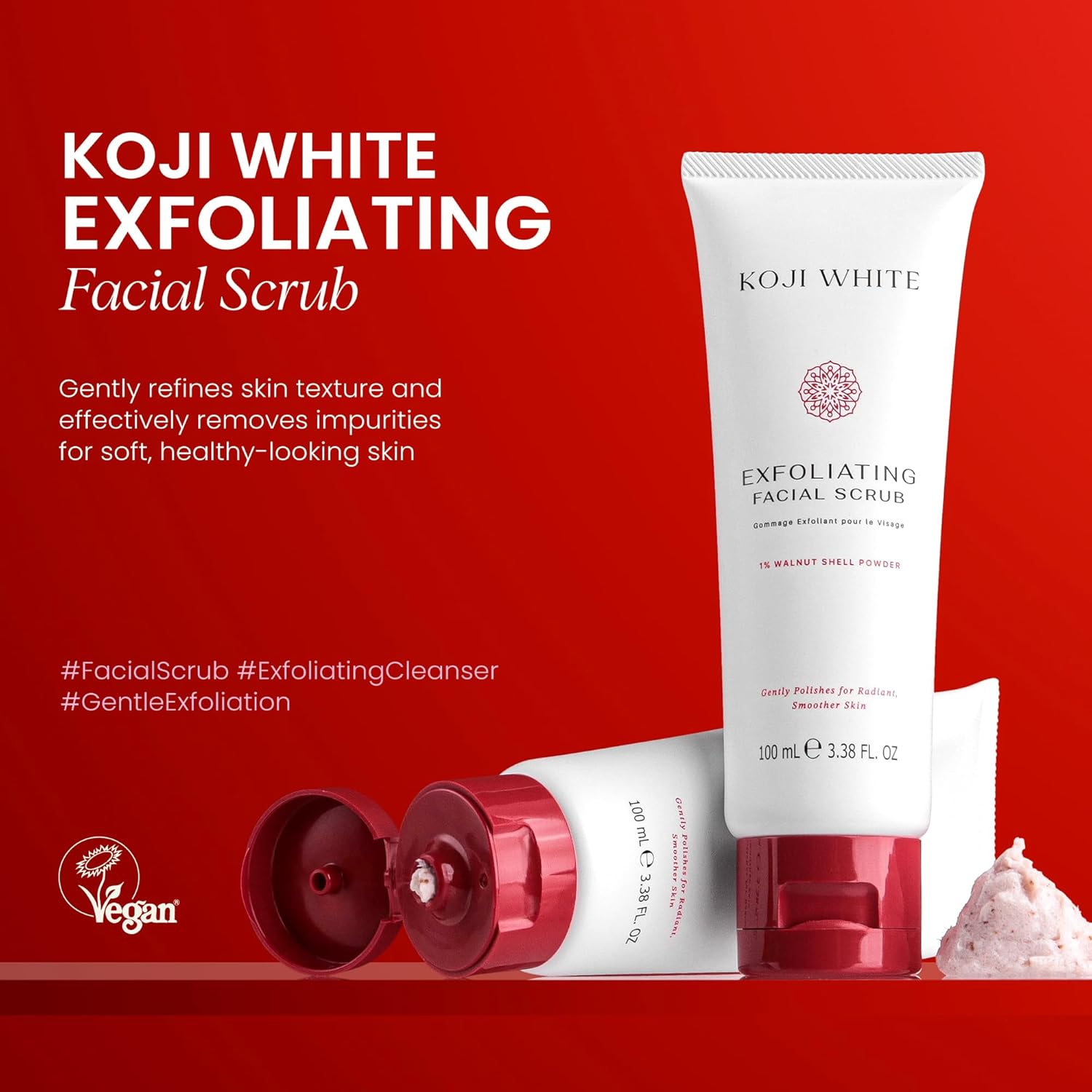 Gommage exfoliant Koji White pour le visage, nettoyant doux pour le visage avec 1% de poudre de noix, AHA, dipalmitate d'acide kojique et acide hyaluronique | Hydratant, sans parfum, végétalien, 100 ml (3,38 fl oz)