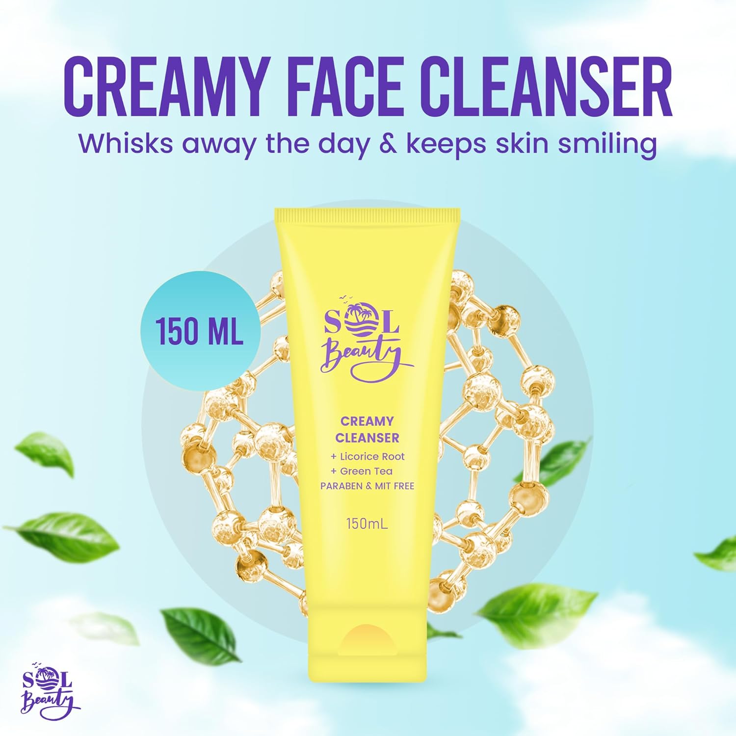 Sol Beauty Creamy Face Cleanser – Gentle Face Wash, Hydrating Facial Cleanser, Deep-Cleansing Treatment with Hyaluronic Acid & Niacinamide for Radiant, Healthy-Looking Skin – 150ml