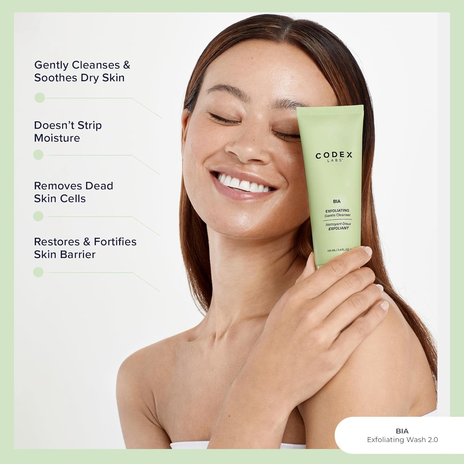 Nettoyant exfoliant visage Bia Codex Labs 2.0 - Nettoyant doux pour le visage pour femmes, peaux sèches et sensibles - Nettoyant visage vegan au jojoba et au chardon-marie, tous types de peau, soin sans cruauté animale (100ml)