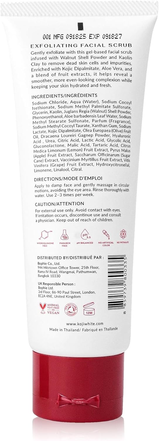 Gommage exfoliant Koji White pour le visage, nettoyant doux pour le visage avec 1% de poudre de noix, AHA, dipalmitate d'acide kojique et acide hyaluronique | Hydratant, sans parfum, végétalien, 100 ml (3,38 fl oz)