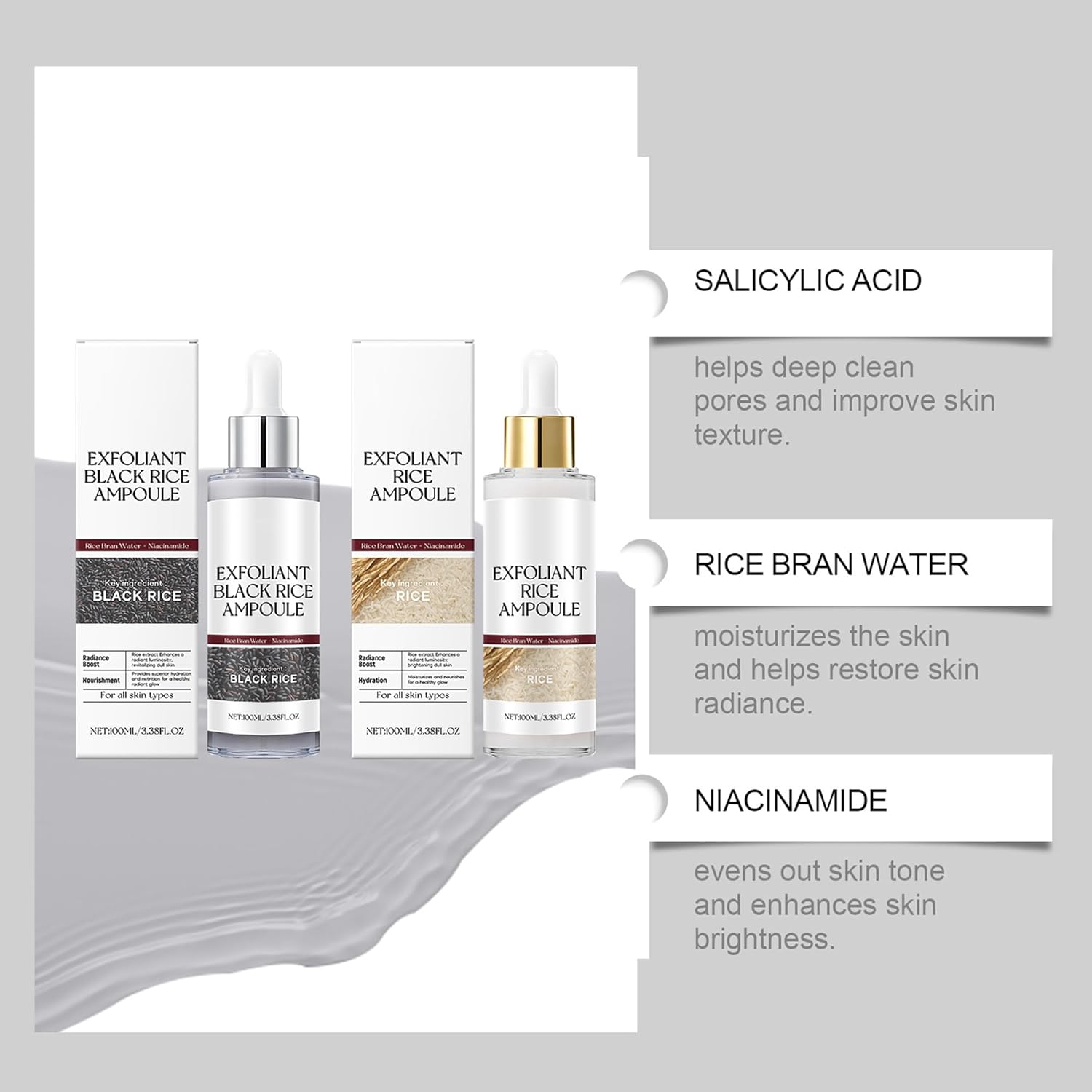 Ampoule exfoliante douce au riz pour le visage et le corps (2 pièces) - Exfoliant au riz noir et blanc, affine et lisse le grain de peau, hydratation profonde, convient à tous les types de peau