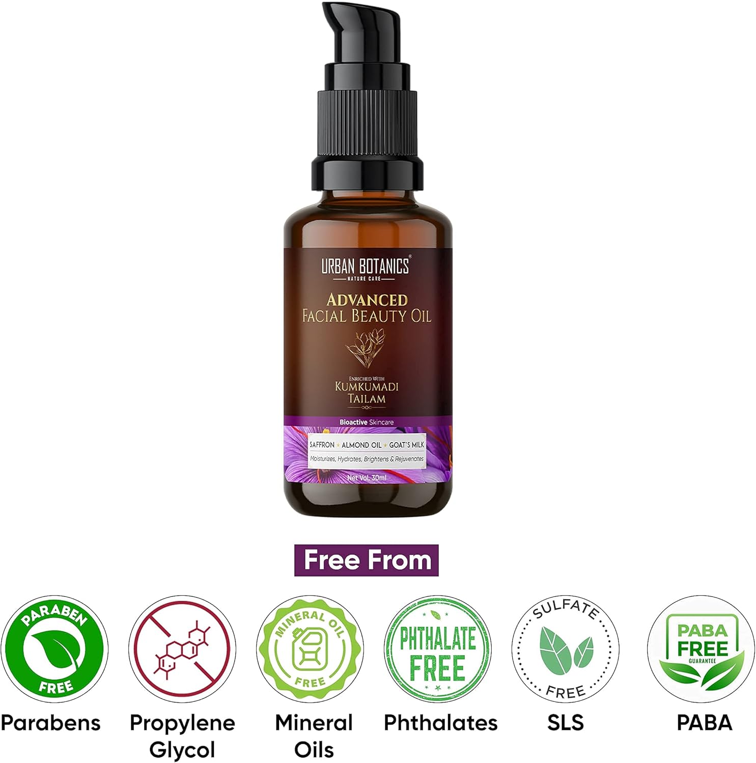 UrbanBotanics Kumkumadi Tailam pour la peau | Huile de Kumkumadi pour les rides du visage, les ridules, la pigmentation - Hommes et femmes, 30 ml