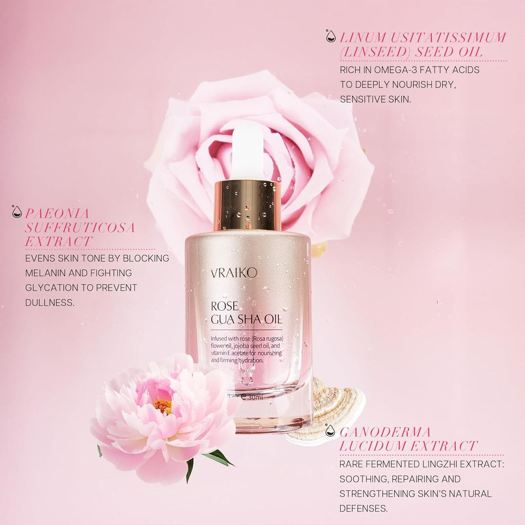 Sérum Huile Visage Gua Sha VRAIKO | Fleur de Rosa Rugosa, Huile de Jojoba et d'Olive | Hydratant & Revitalisant | À base de plantes, sans cruauté animale, naturel | 30 ml (1 fl oz)