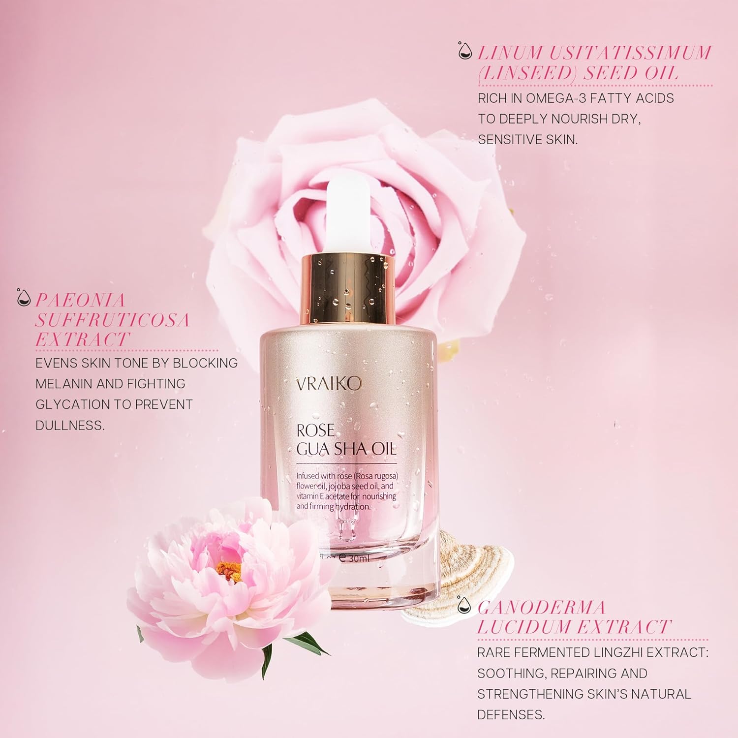 Sérum Huile Visage Gua Sha VRAIKO | Fleur de Rosa Rugosa, Huile de Jojoba et d'Olive | Hydratant & Revitalisant | À base de plantes, sans cruauté animale, naturel | 30 ml (1 fl oz)