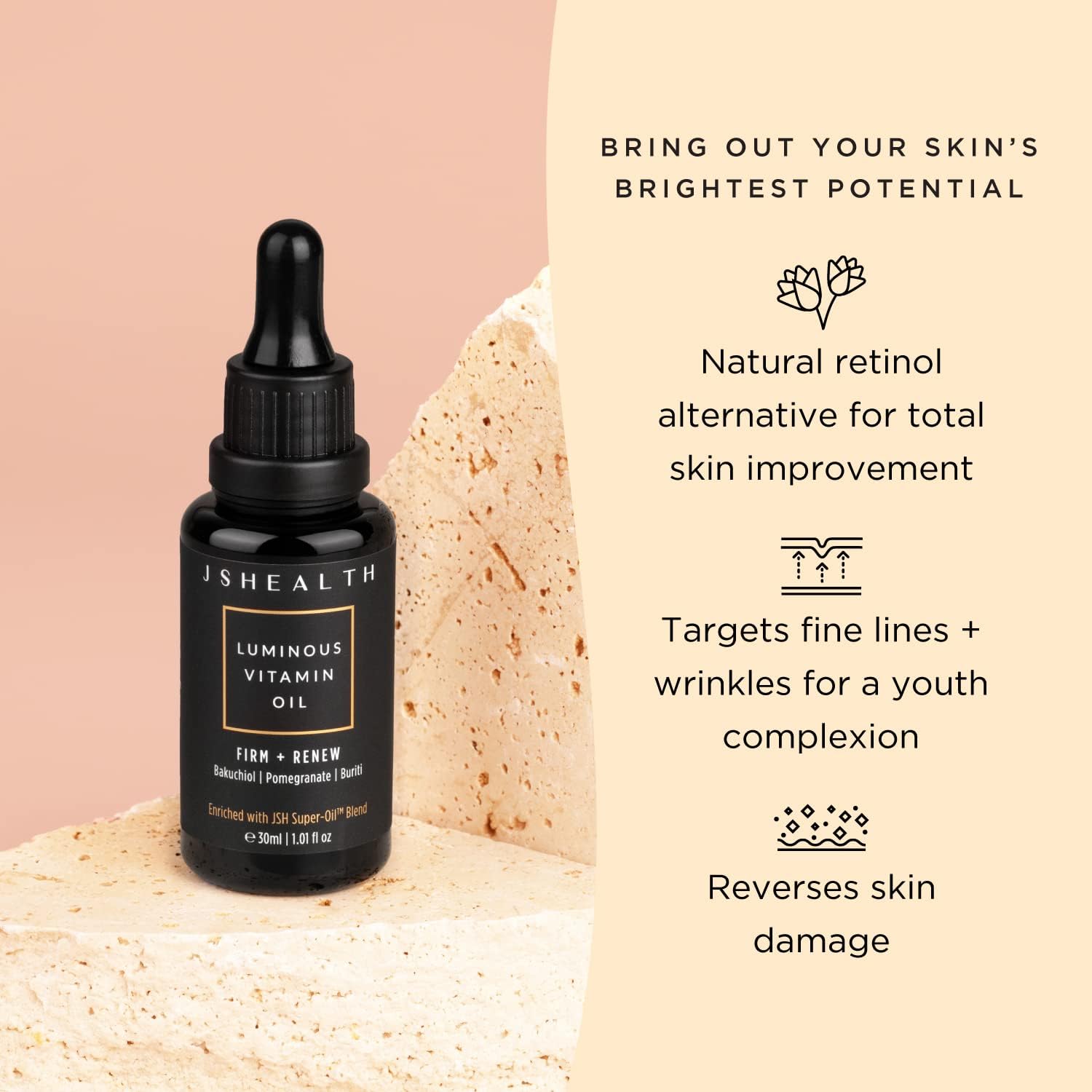 Huile visage hydratante JSHealth pour femmes et hommes à l'huile de rose et à l'huile de vitamine E pour la peau - Huile faciale pour peaux sèches