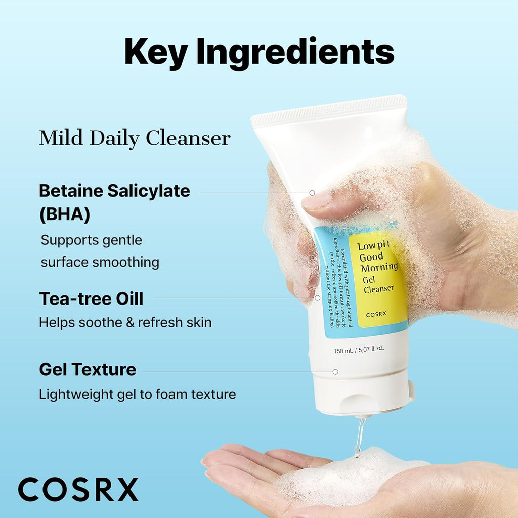 COSRX Nettoyant Gel Matin Doux pH Faible 150ml, Nettoyant Visage Doux Quotidien pour Peaux Sensibles avec BHA & Huile d'Arbre à Thé, Équilibre le pH, Sans Parabènes, Sans Sulfates, Soin Coréen