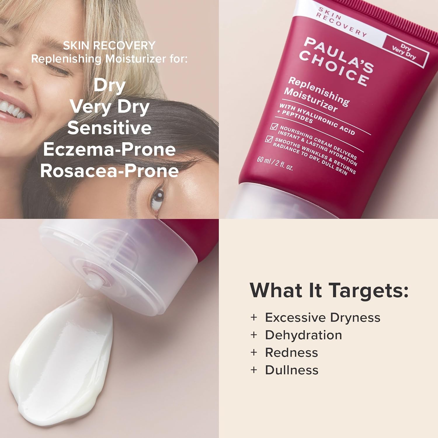 Paula's Choice SKIN RECOVERY Crème hydratante réparatrice pour le visage à l'acide hyaluronique, apaise les rougeurs et les peaux sensibles sujettes à la rosacée et à l'eczéma, sans parfum, 60 ml
