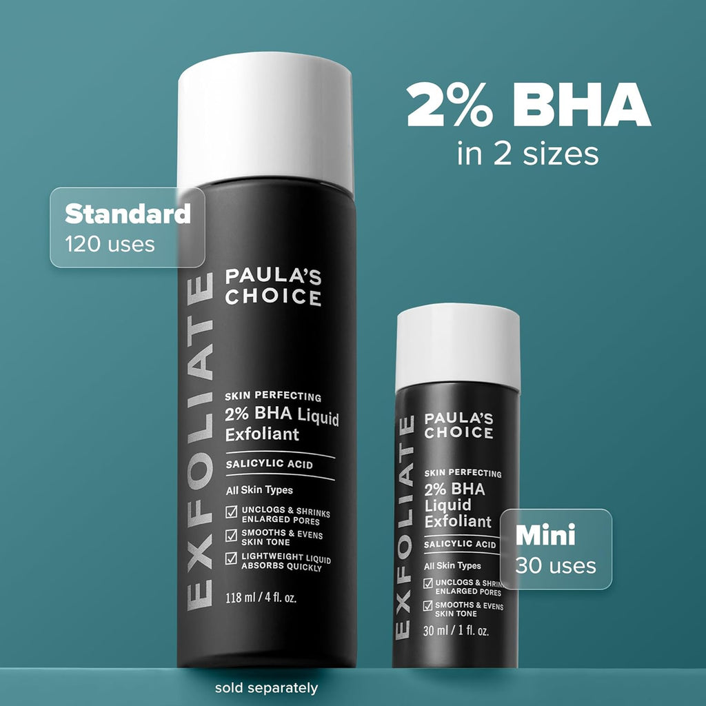 Exfoliant liquide Paula's Choice Skin Perfecting 2% BHA à l'acide salicylique, exfoliant doux pour le visage contre les points noirs, les pores dilatés, les rides et ridules, format voyage, flacon de 30 ml