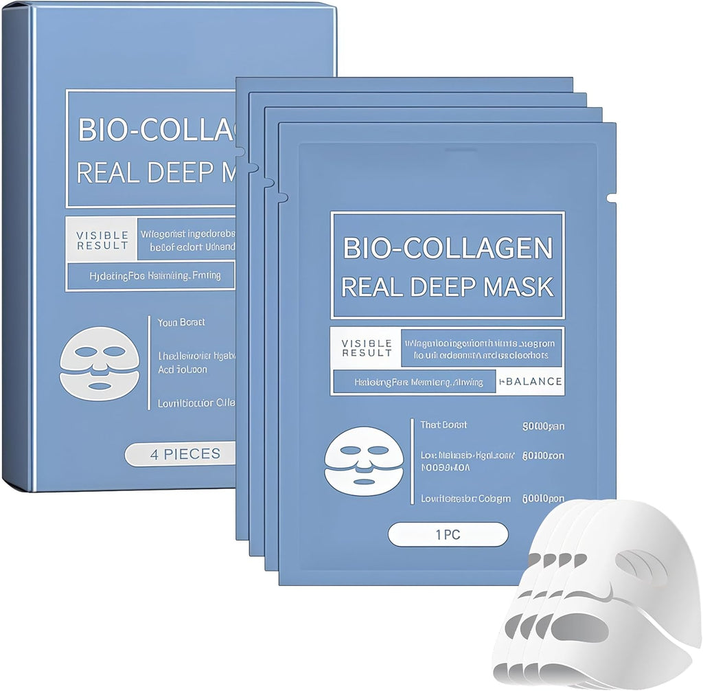 Masque facial au bio-collagène - Masque facial hydratant intense pour la nuit, soin coréen, traitements et masques faciaux pour femmes - Raffermissant et hydratant, lot de 4 (boîte bleue)