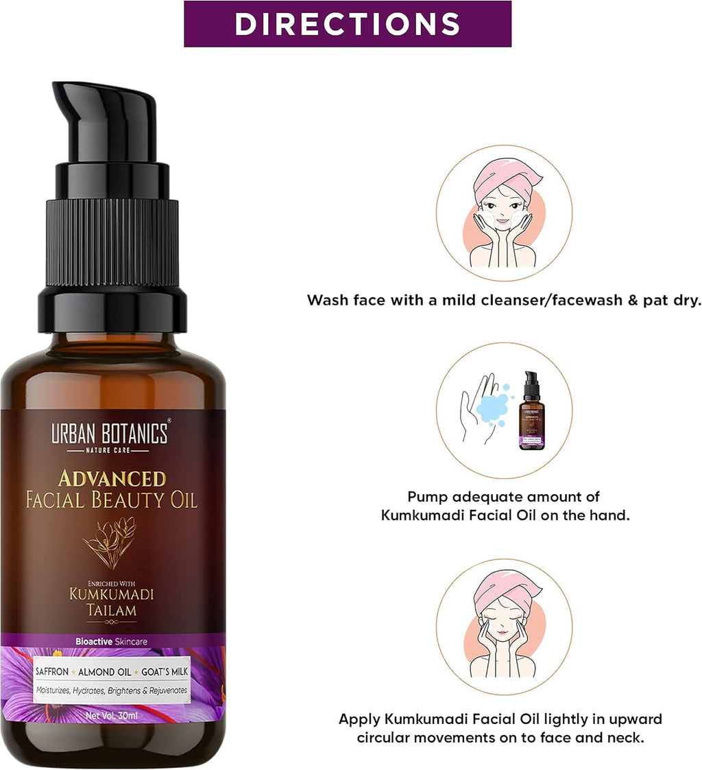 UrbanBotanics Kumkumadi Tailam pour la peau | Huile de Kumkumadi pour les rides du visage, les ridules, la pigmentation - Hommes et femmes, 30 ml