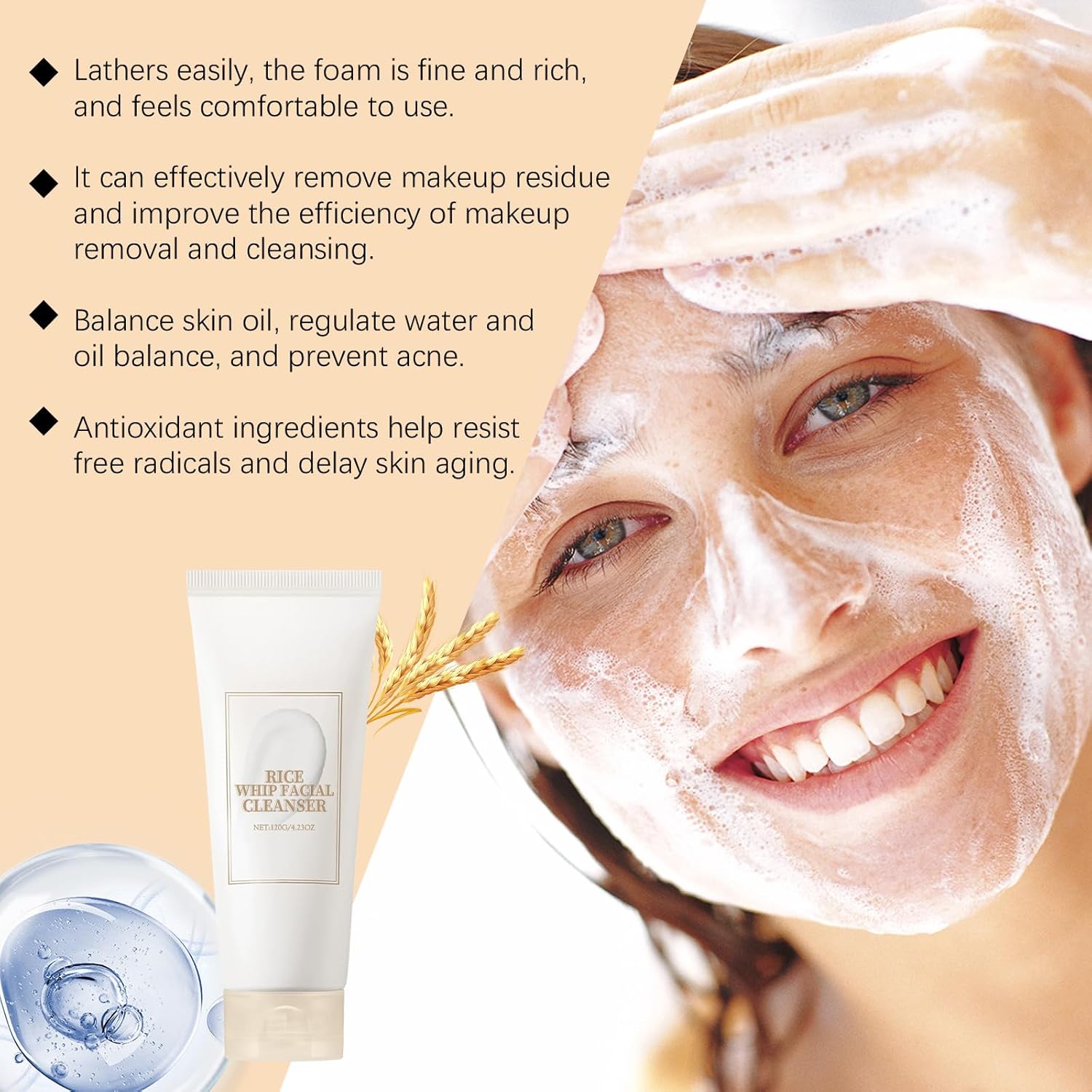 Nettoyant Moussant Visage à l'Eau de Riz Bright - Nettoyant doux quotidien hydratant et émollient pour le visage, avec mousse crémeuse, nettoie les pores en profondeur sans dessécher, pour équilibrer les peaux sensibles et grasses (2 pièces)