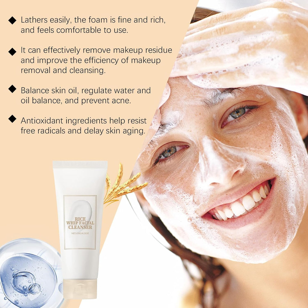 Nettoyant Moussant Visage à l'Eau de Riz Bright - Nettoyant doux quotidien hydratant et émollient pour le visage, avec mousse crémeuse, nettoie les pores en profondeur sans dessécher, pour équilibrer les peaux sensibles et grasses (2 pièces)