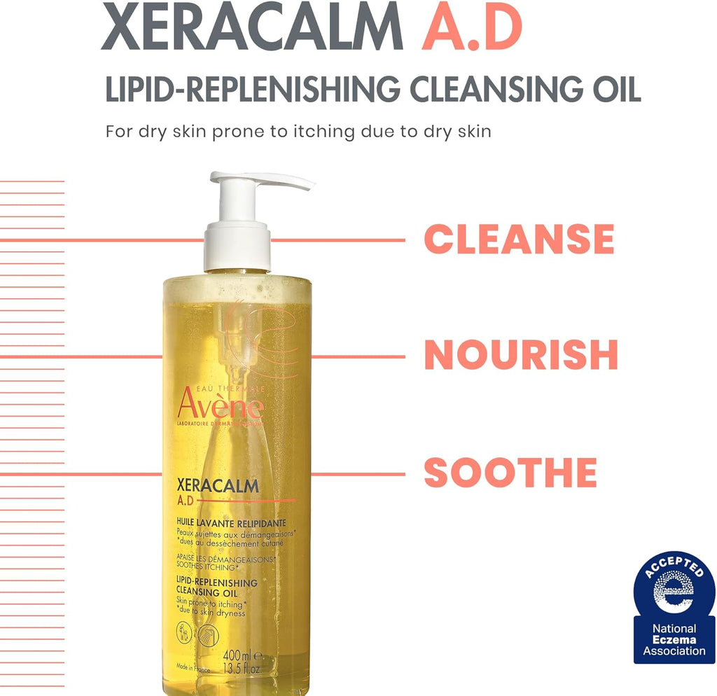 Avene Xeracalm A.D Lipid-Replenishing Cleansing Oil 400ML - Gentle Soap-Free Cleanser, Provides 24h hydration*, Suitable for, babies, children and adults