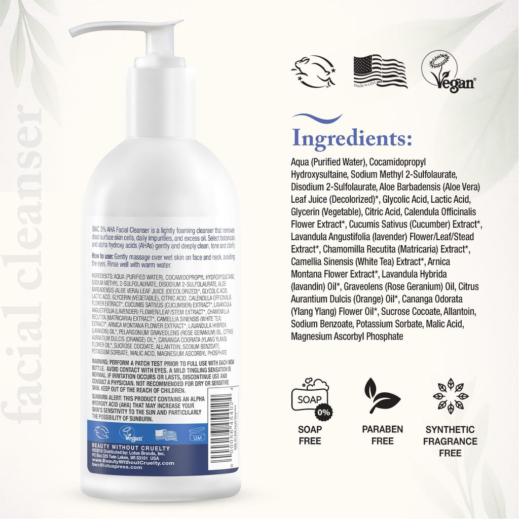 Nettoyant Visage AHA Beauty Without Cruelty – Nettoyant Exfoliant aux Ingrédients Botaniques et Huiles Essentielles, Bénéfique pour les Peaux Normales à Grasses, Végan et Non Testé sur les Animaux, 250 ml