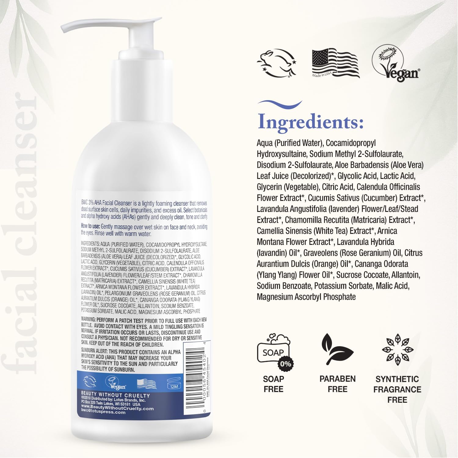 Nettoyant Visage AHA Beauty Without Cruelty – Nettoyant Exfoliant aux Ingrédients Botaniques et Huiles Essentielles, Bénéfique pour les Peaux Normales à Grasses, Végan et Non Testé sur les Animaux, 250 ml