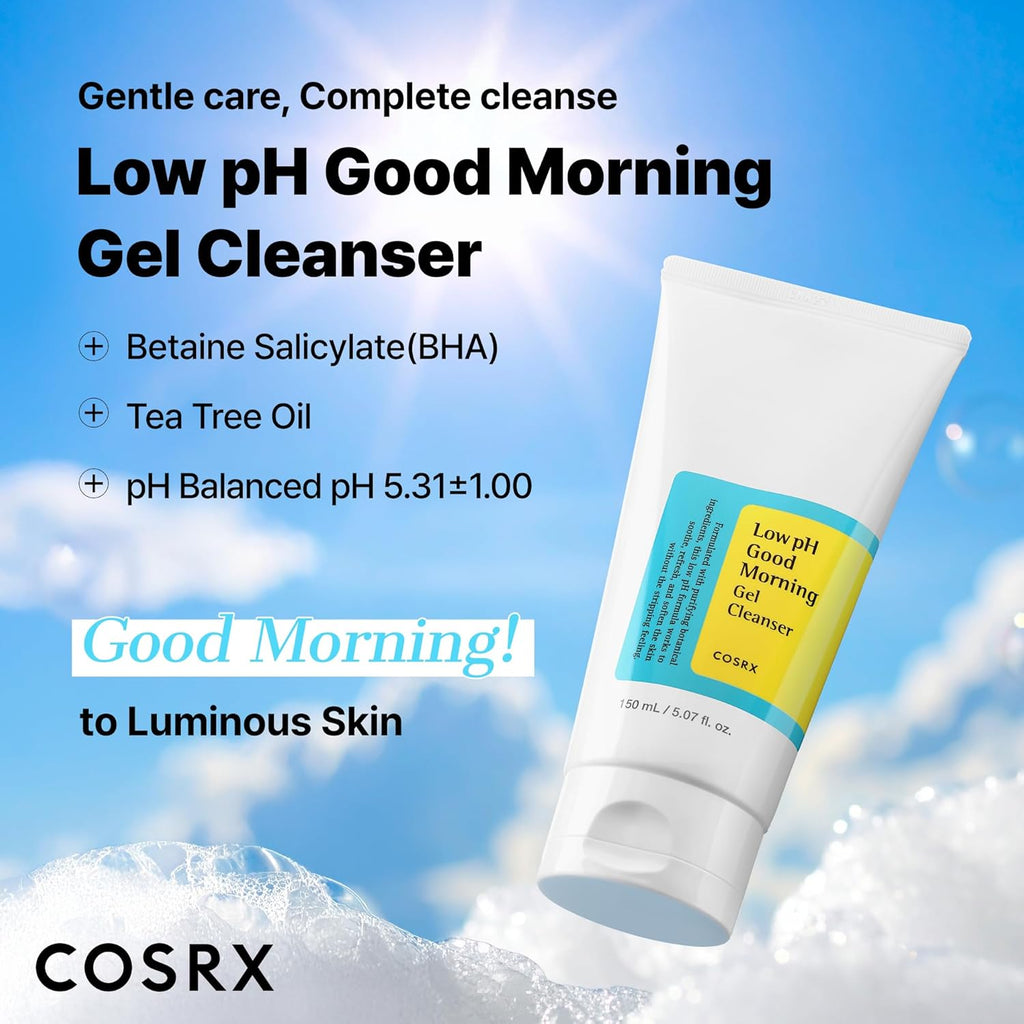 COSRX Nettoyant Gel Matin Doux pH Faible 150ml, Nettoyant Visage Doux Quotidien pour Peaux Sensibles avec BHA & Huile d'Arbre à Thé, Équilibre le pH, Sans Parabènes, Sans Sulfates, Soin Coréen