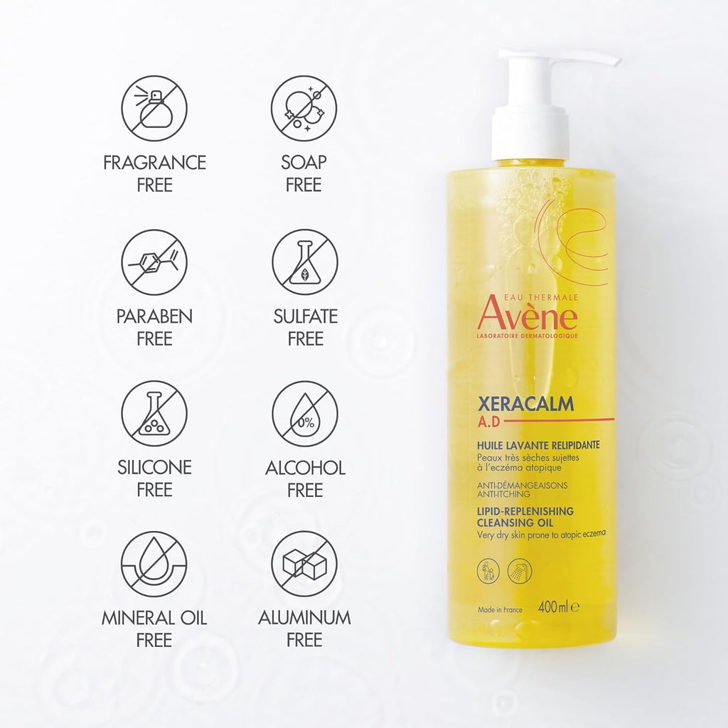 Avene Xeracalm A.D Lipid-Replenishing Cleansing Oil 400ML - Gentle Soap-Free Cleanser, Provides 24h hydration*, Suitable for, babies, children and adults