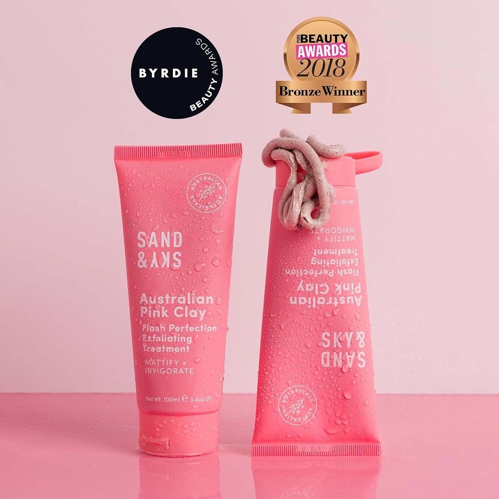 Sand & Sky Gommage exfoliant visage à l'argile rose australienne avec AHA et poudre de perles - Exfoliant doux physique et chimique pour une peau lisse, réduit la texture de la peau
