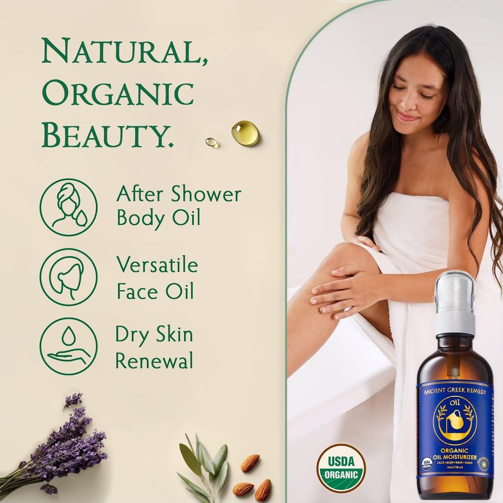 Organic Blend of Olive, Lavender, Almond and Grapeseed oils with Vitamin E. Day and night Moisturizer for Skin, Dry Hair, Face, Scalp, Foot, Cuticle and Nail Care. Natural Body oil for Men and Women