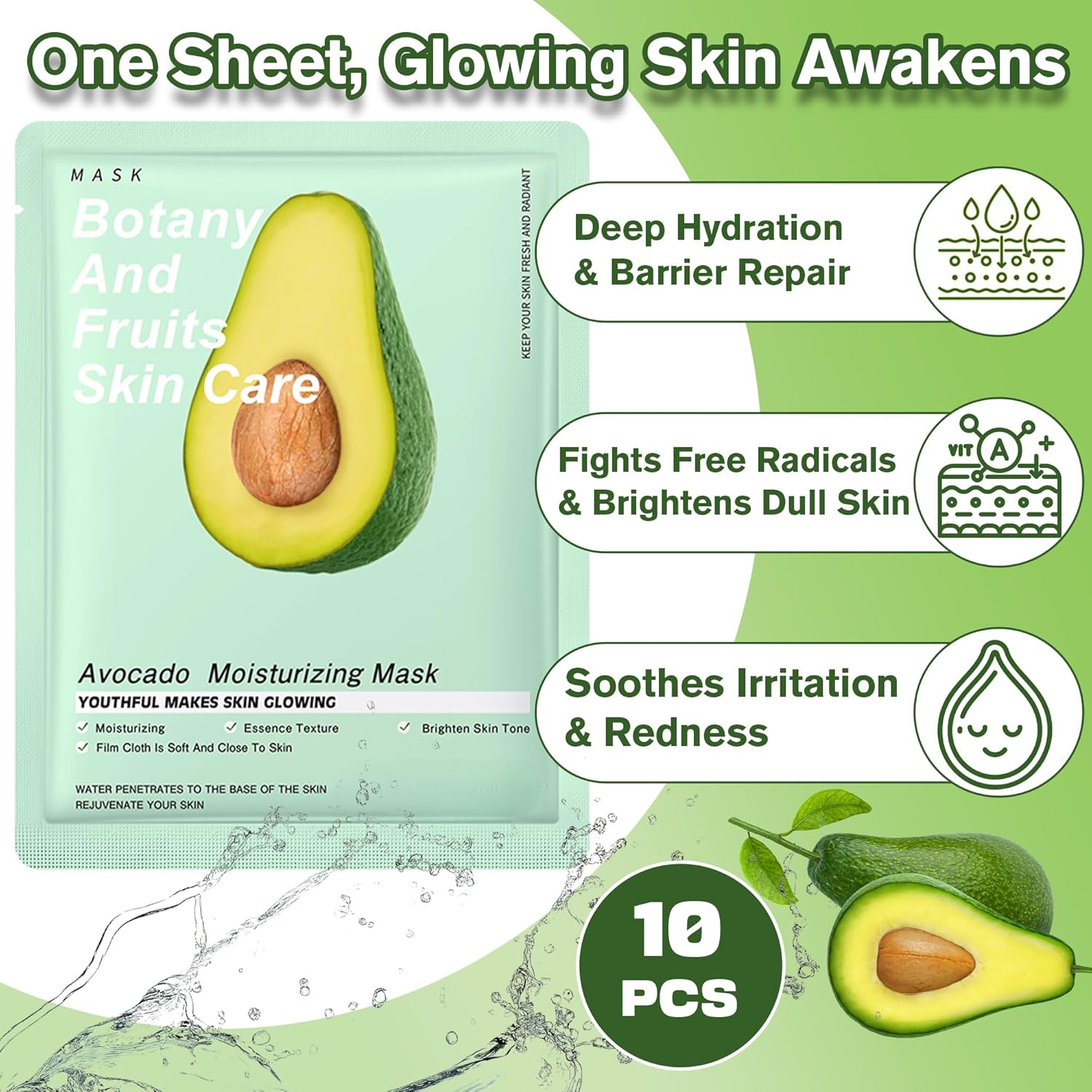 Avocado Face Mask – 10-Pack Korean Sheet Mask for Hydrating & Nourishing Skin, Facial Masks with Collagen, Ideal for Dry & Dull Skin – Face Masks Skincare