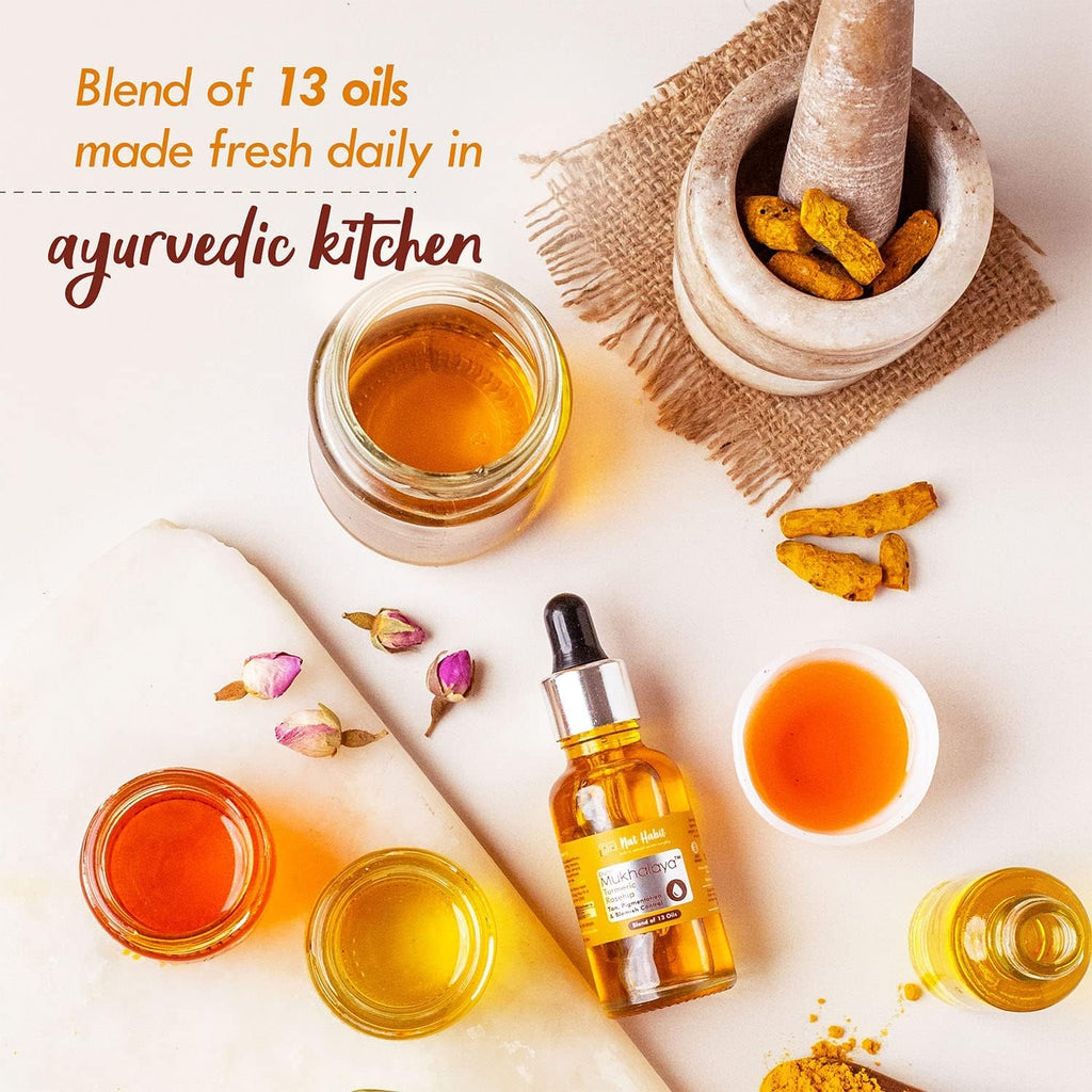 Nat Habit Huile Visage Curcuma Rose Musquée Mukhalaya Pour Bronzage, Pigmentation & Contrôle des Imperfections, avec Mélange de 13 Huiles Pressées à Froid, Pour Soins Naturels du Visage, Sans Huile Minérale ni Produit Chimique (30ml)
