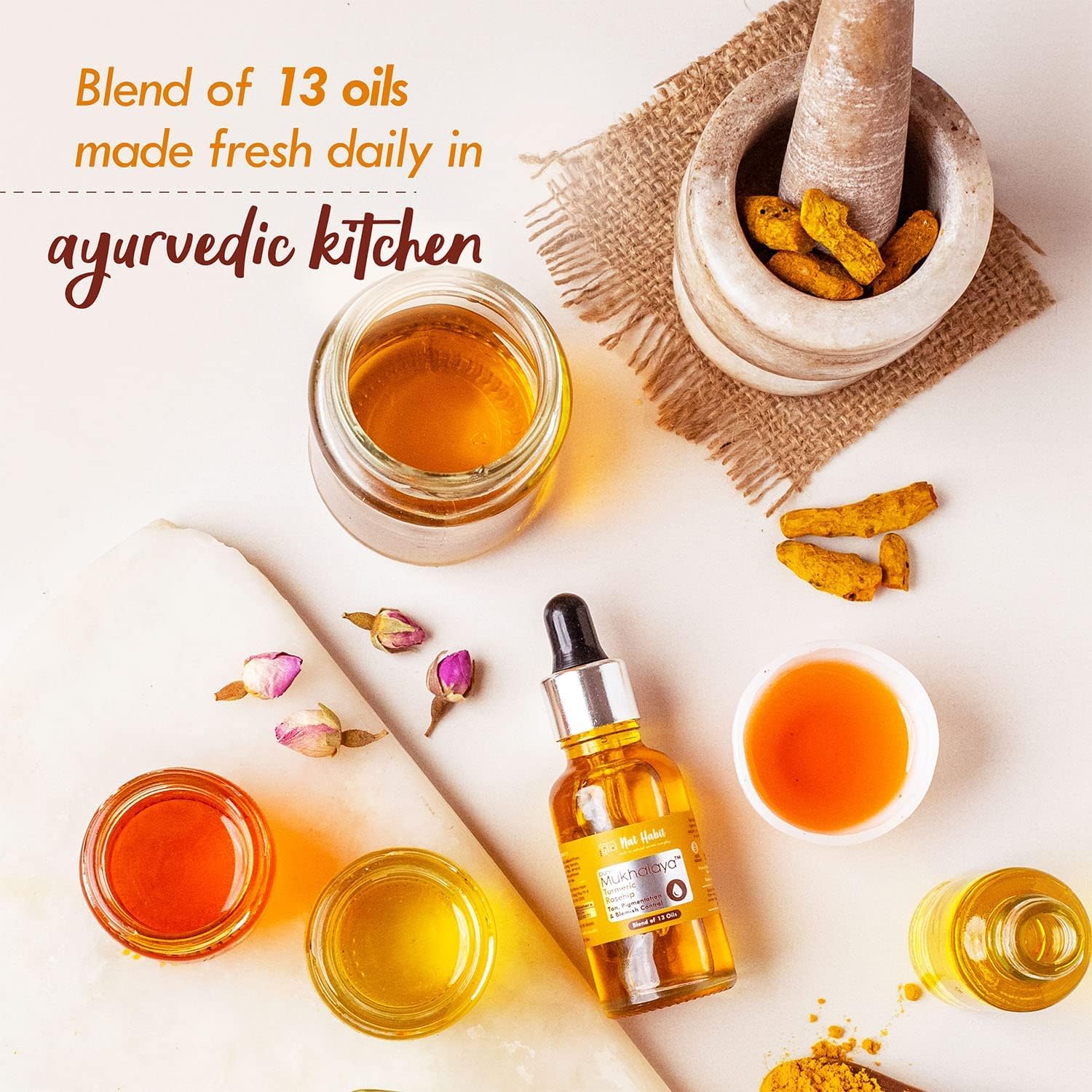Nat Habit Huile Visage Curcuma Rose Musquée Mukhalaya Pour Bronzage, Pigmentation & Contrôle des Imperfections, avec Mélange de 13 Huiles Pressées à Froid, Pour Soins Naturels du Visage, Sans Huile Minérale ni Produit Chimique (30ml)