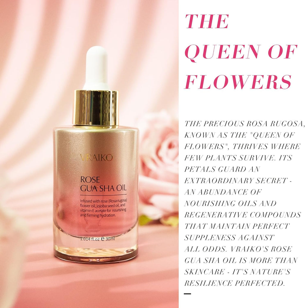 Sérum Huile Visage Gua Sha VRAIKO | Fleur de Rosa Rugosa, Huile de Jojoba et d'Olive | Hydratant & Revitalisant | À base de plantes, sans cruauté animale, naturel | 30 ml (1 fl oz)