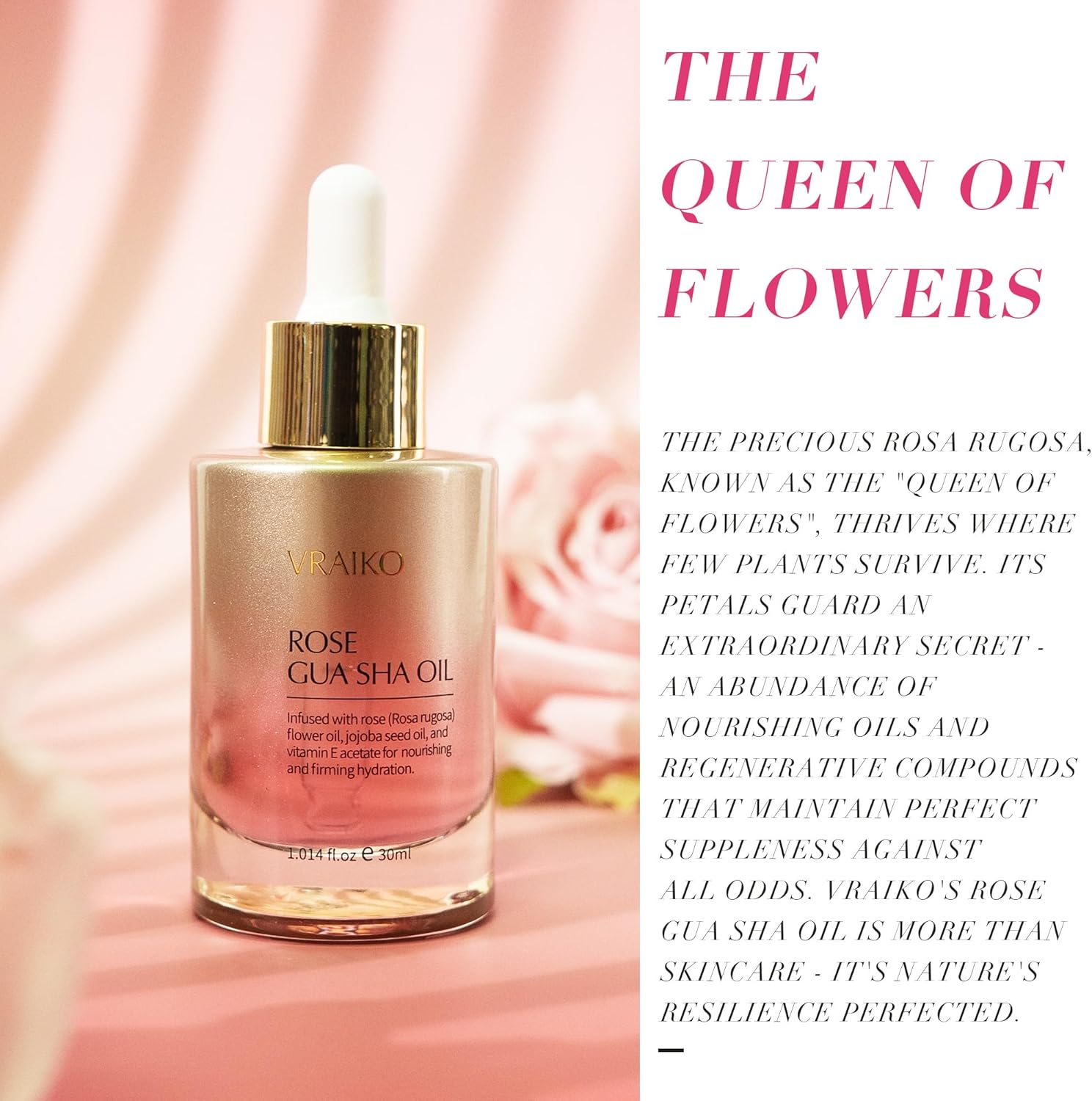 Sérum Huile Visage Gua Sha VRAIKO | Fleur de Rosa Rugosa, Huile de Jojoba et d'Olive | Hydratant & Revitalisant | À base de plantes, sans cruauté animale, naturel | 30 ml (1 fl oz)